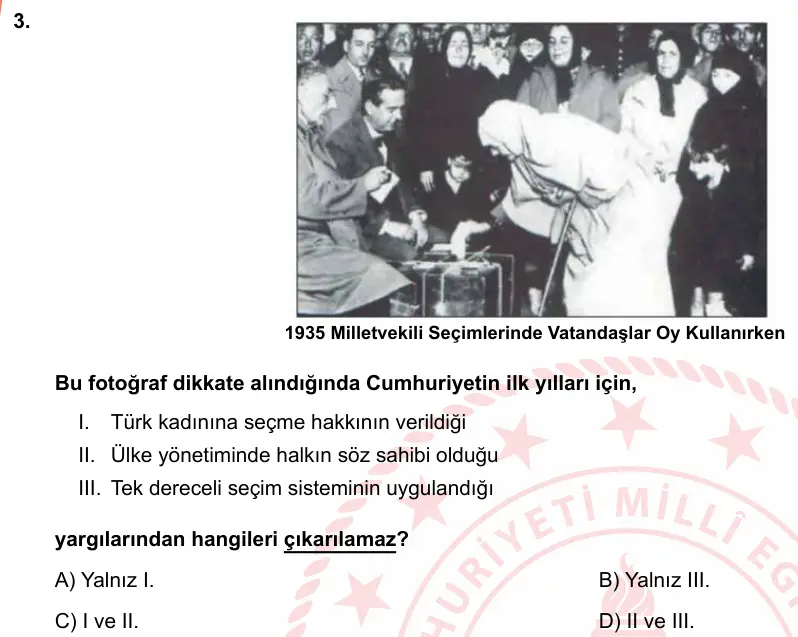 LGS Örnek Soruları Mart 2019 Sözel T.C. İnkılap Tarihi ve Atatürkçülük 3. Soru görseli