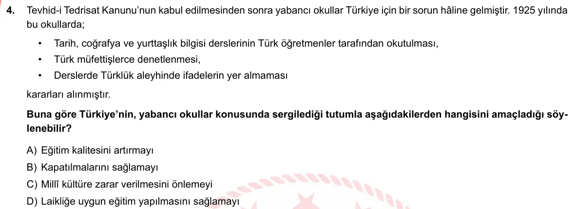 LGS Örnek Soruları Mart 2019 Sözel T.C. İnkılap Tarihi ve Atatürkçülük 4. Soru görseli