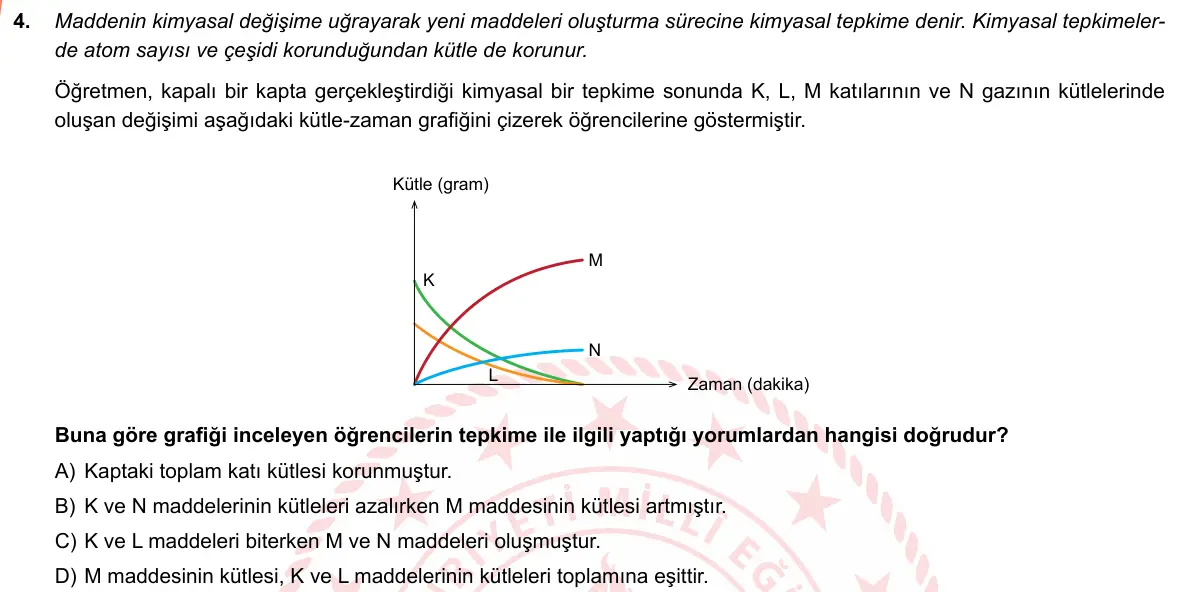 LGS Örnek Soruları Mayıs 2019 Sayısal Fen Bilimleri 4. Soru görseli