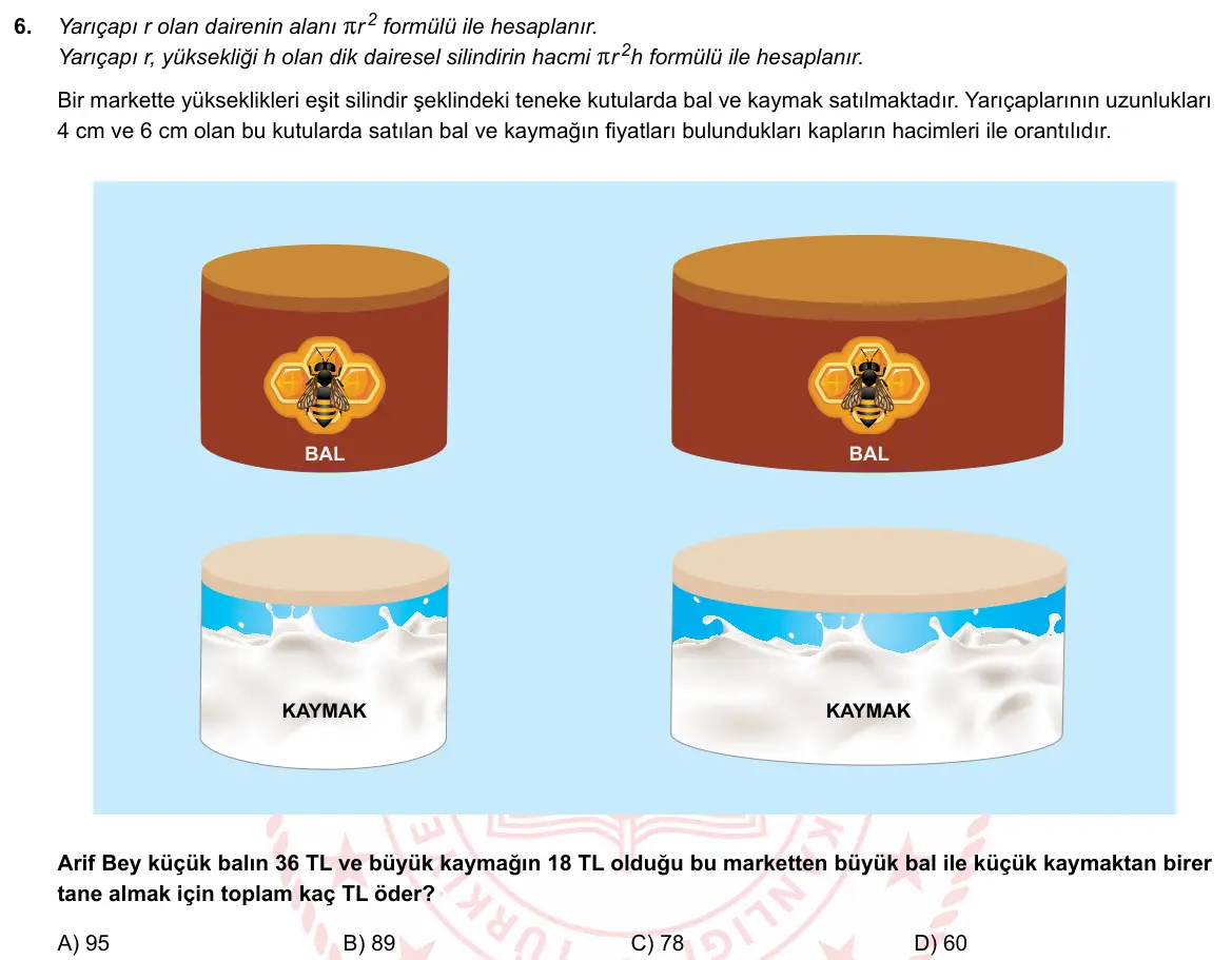 LGS Örnek Soruları Mayıs 2019 Sayısal Matematik 6. Soru görseli