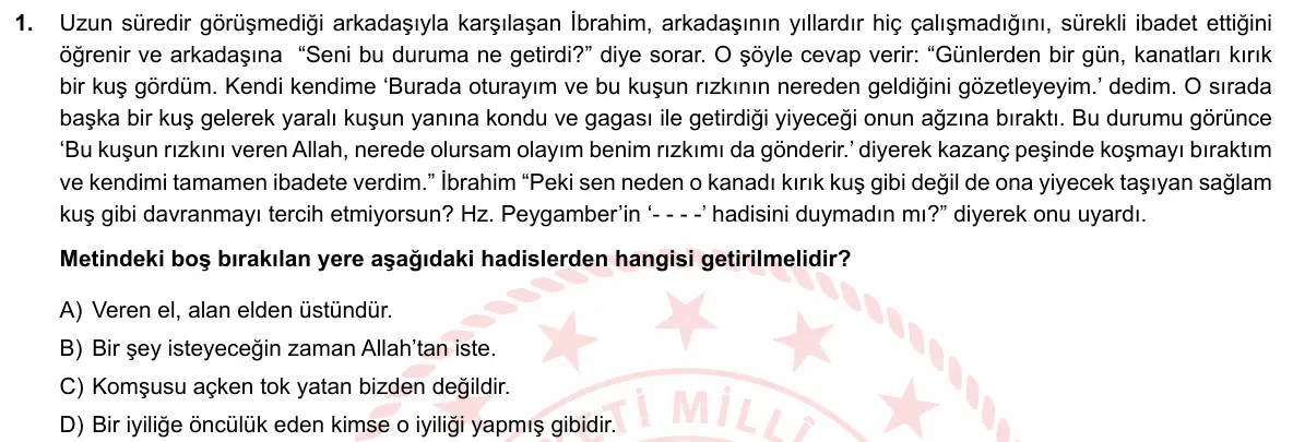 LGS Örnek Soruları Mayıs 2019 Sözel Din Kültürü ve Ahlak Bilgisi 1. Soru görseli