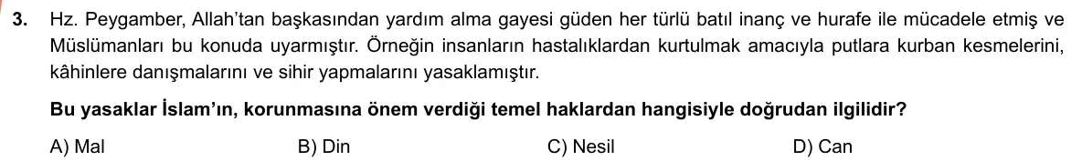 LGS Örnek Soruları Mayıs 2019 Sözel Din Kültürü ve Ahlak Bilgisi 3. Soru görseli