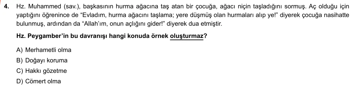 LGS Örnek Soruları Mayıs 2019 Sözel Din Kültürü ve Ahlak Bilgisi 4. Soru görseli