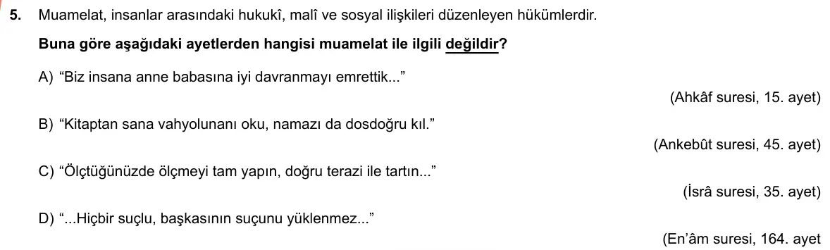 LGS Örnek Soruları Mayıs 2019 Sözel Din Kültürü ve Ahlak Bilgisi 5. Soru görseli