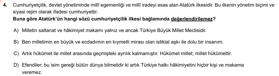 LGS Örnek Soruları Mayıs 2019 Sözel T.C. İnkılap Tarihi ve Atatürkçülük 4. Soru görseli