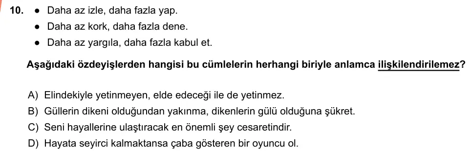LGS Örnek Soruları Mayıs 2019 Sözel Türkçe 10. Soru görseli