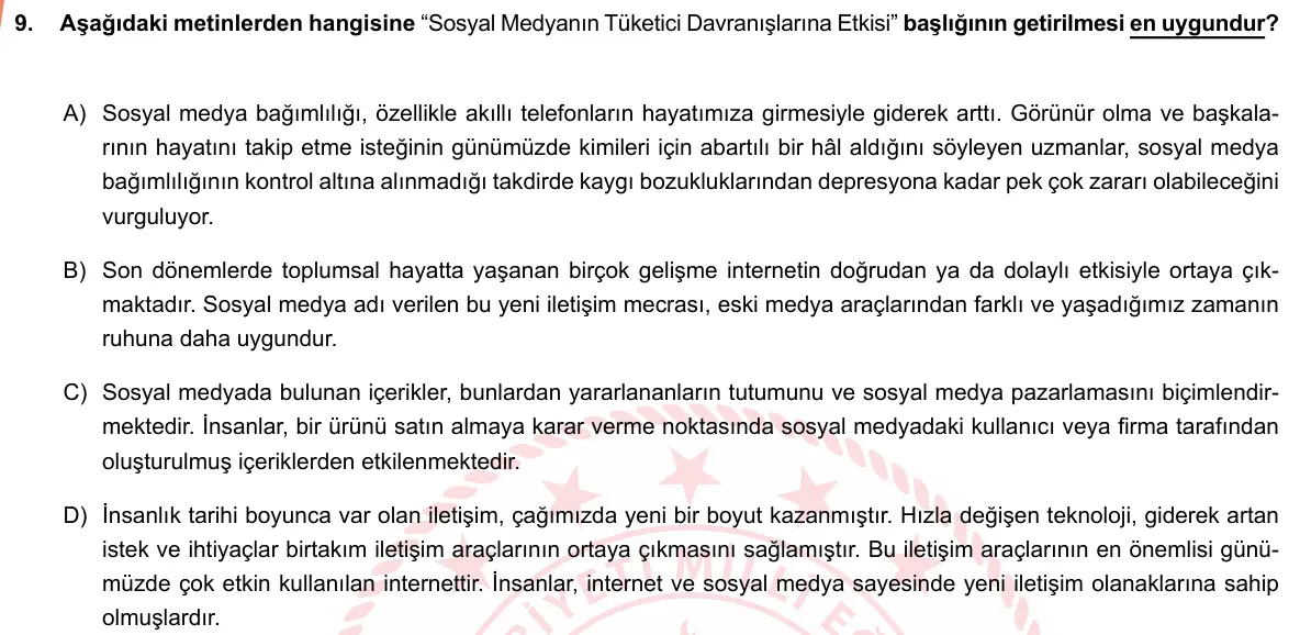 LGS Örnek Soruları Mayıs 2019 Sözel Türkçe 9. Soru görseli