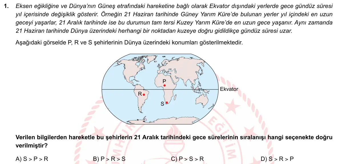 LGS Örnek Soruları Nisan 2019 Sayısal Fen Bilimleri 1. Soru görseli