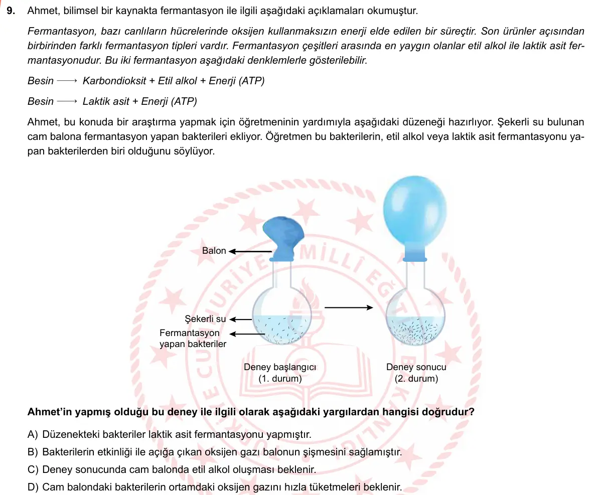 LGS Örnek Soruları Nisan 2019 Sayısal Fen Bilimleri 9. Soru görseli