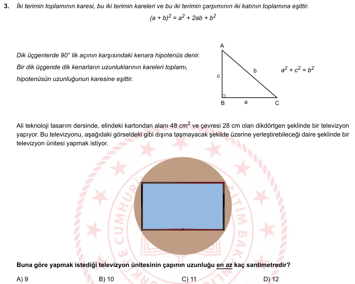 LGS Örnek Soruları Nisan 2019 Sayısal Matematik 3. Soru görseli