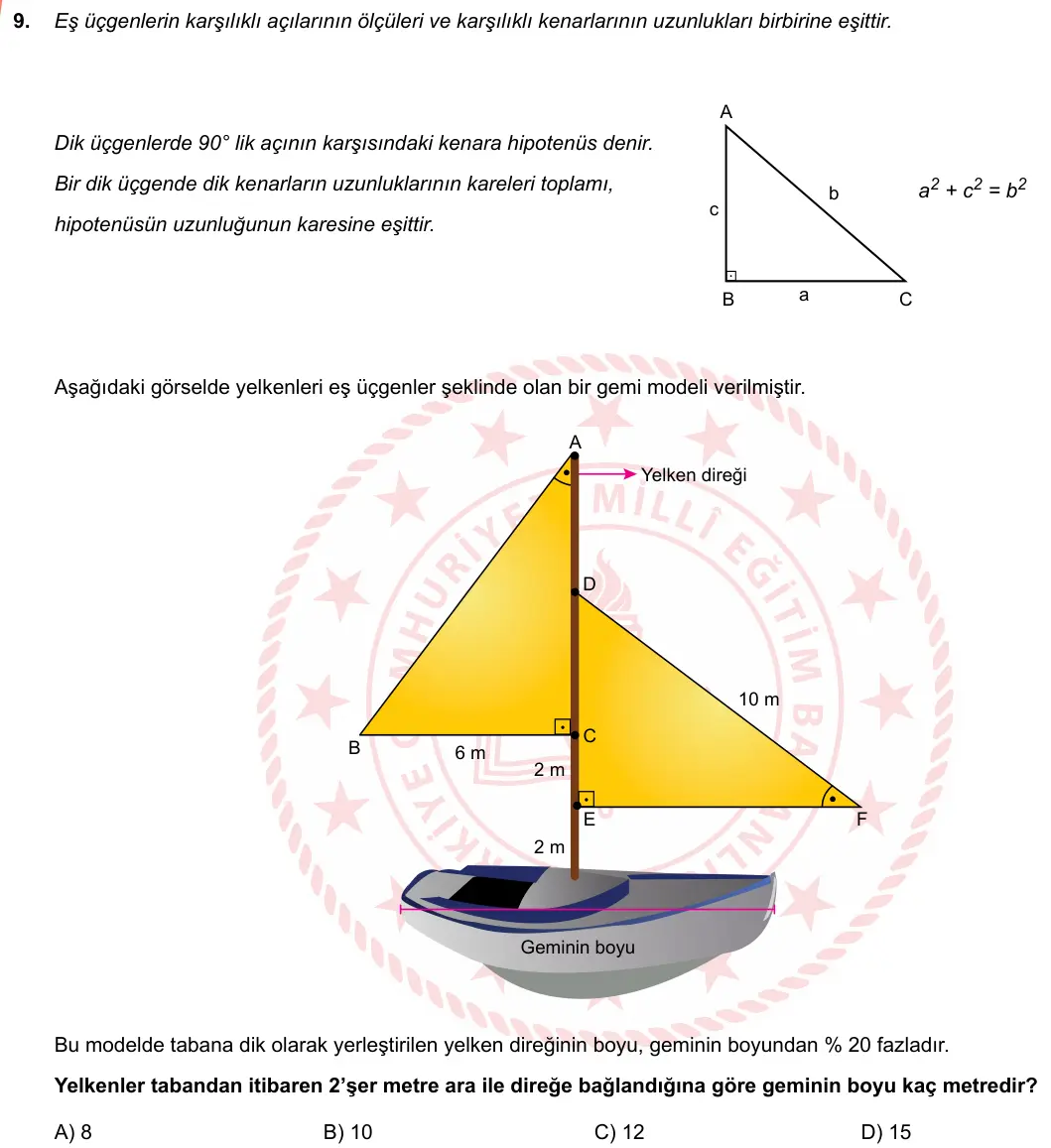 LGS Örnek Soruları Nisan 2019 Sayısal Matematik 9. Soru görseli