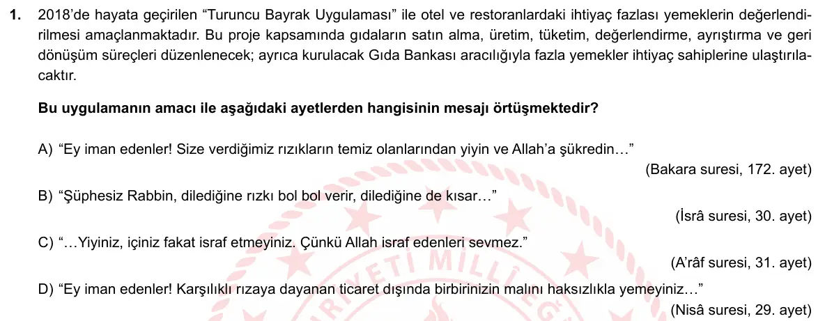 LGS Örnek Soruları Nisan 2019 Sözel Din Kültürü ve Ahlak Bilgisi 1. Soru görseli