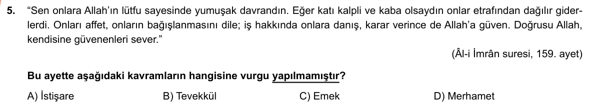 LGS Örnek Soruları Nisan 2019 Sözel Din Kültürü ve Ahlak Bilgisi 5. Soru görseli