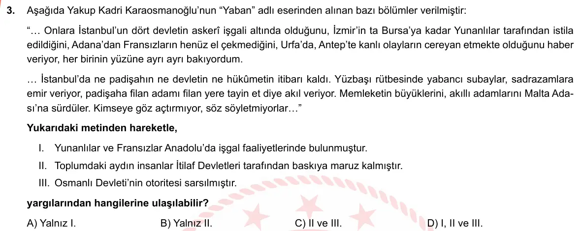 LGS Örnek Soruları Nisan 2019 Sözel T.C. İnkılap Tarihi ve Atatürkçülük 3. Soru görseli