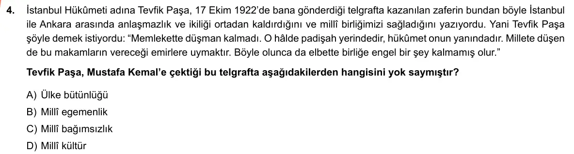 LGS Örnek Soruları Nisan 2019 Sözel T.C. İnkılap Tarihi ve Atatürkçülük 4. Soru görseli