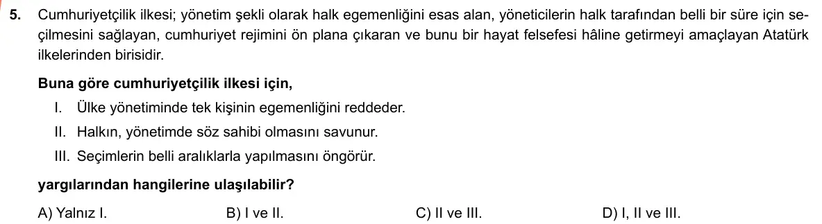 LGS Örnek Soruları Nisan 2019 Sözel T.C. İnkılap Tarihi ve Atatürkçülük 5. Soru görseli