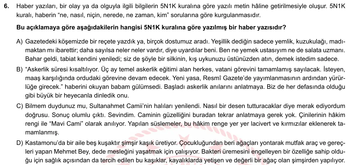 LGS Örnek Soruları Nisan 2019 Sözel Türkçe 6. Soru görseli