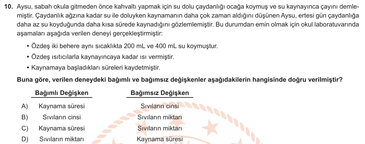LGS Örnek Soruları Ocak 2019 Sayısal Fen Bilimleri 10. Soru görseli