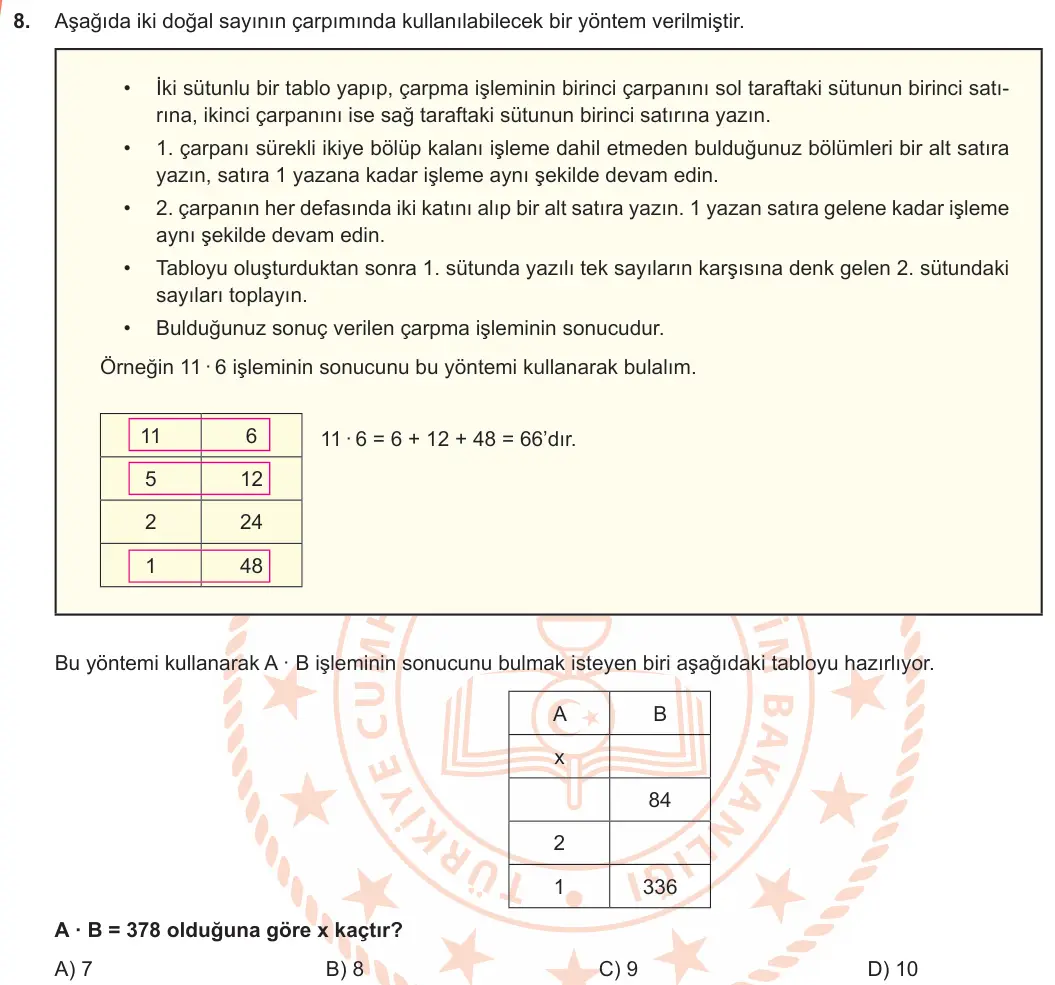 LGS Örnek Soruları Ocak 2019 Sayısal Matematik 8. Soru görseli