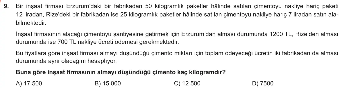 LGS Örnek Soruları Ocak 2019 Sayısal Matematik 9. Soru görseli