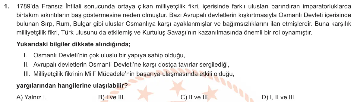LGS Örnek Soruları Ocak 2019 Sözel T.C. İnkılap Tarihi ve Atatürkçülük 1. Soru görseli