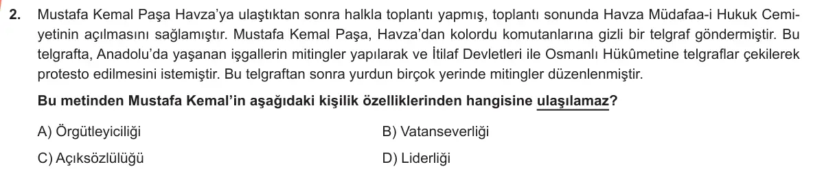 LGS Örnek Soruları Ocak 2019 Sözel T.C. İnkılap Tarihi ve Atatürkçülük 2. Soru görseli