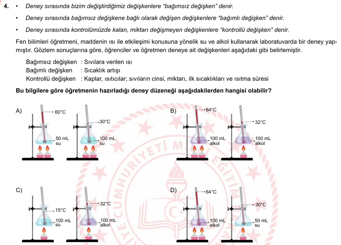 LGS Örnek Soruları Şubat 2019 Sayısal Fen Bilimleri 4. Soru görseli