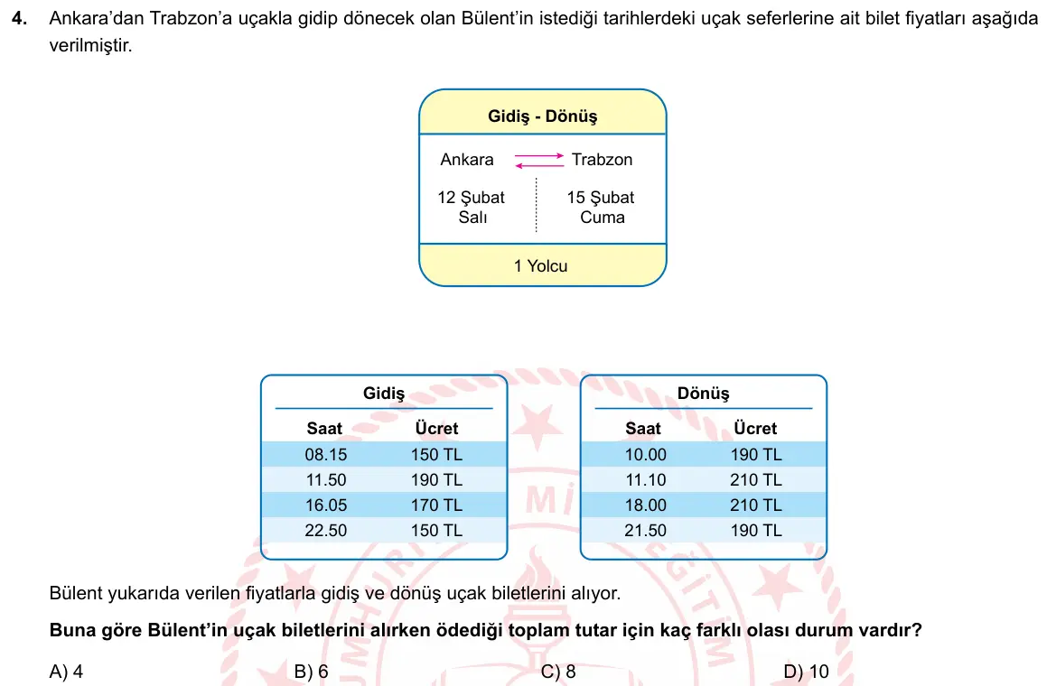 LGS Örnek Soruları Şubat 2019 Sayısal Matematik 4. Soru görseli
