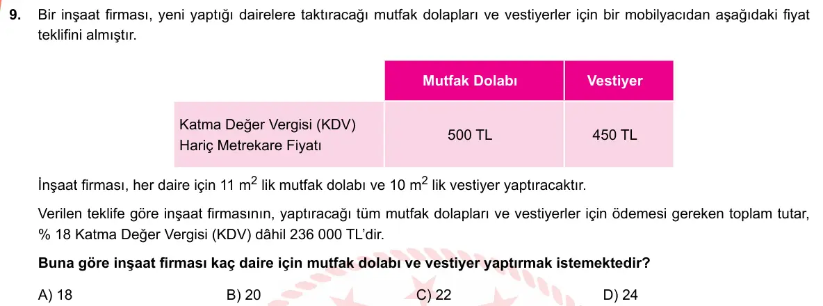 LGS Örnek Soruları Şubat 2019 Sayısal Matematik 9. Soru görseli
