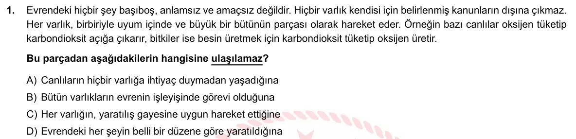 LGS Örnek Soruları Şubat 2019 Sözel Din Kültürü ve Ahlak Bilgisi 1. Soru görseli