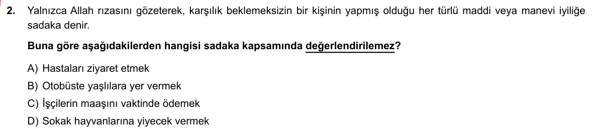 LGS Örnek Soruları Şubat 2019 Sözel Din Kültürü ve Ahlak Bilgisi 2. Soru görseli