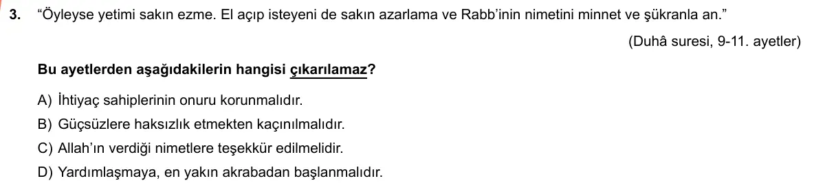 LGS Örnek Soruları Şubat 2019 Sözel Din Kültürü ve Ahlak Bilgisi 3. Soru görseli