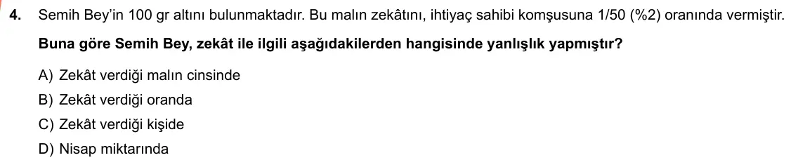 LGS Örnek Soruları Şubat 2019 Sözel Din Kültürü ve Ahlak Bilgisi 4. Soru görseli