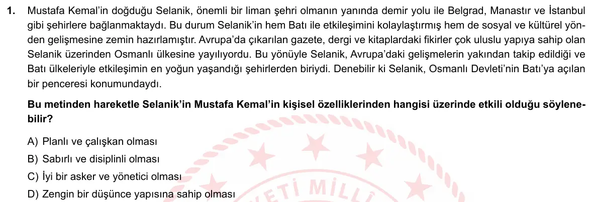 LGS Örnek Soruları Şubat 2019 Sözel T.C. İnkılap Tarihi ve Atatürkçülük 1. Soru görseli
