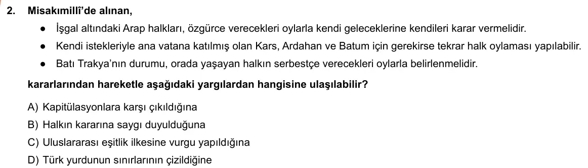 LGS Örnek Soruları Şubat 2019 Sözel T.C. İnkılap Tarihi ve Atatürkçülük 2. Soru görseli