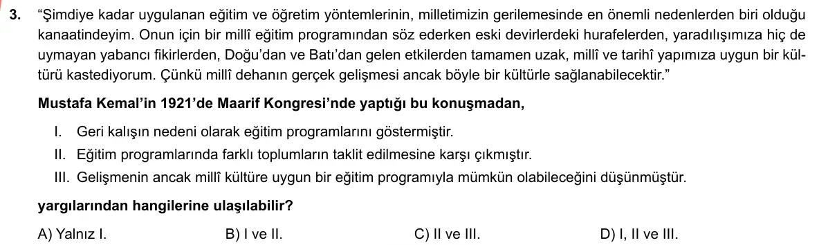 LGS Örnek Soruları Şubat 2019 Sözel T.C. İnkılap Tarihi ve Atatürkçülük 3. Soru görseli