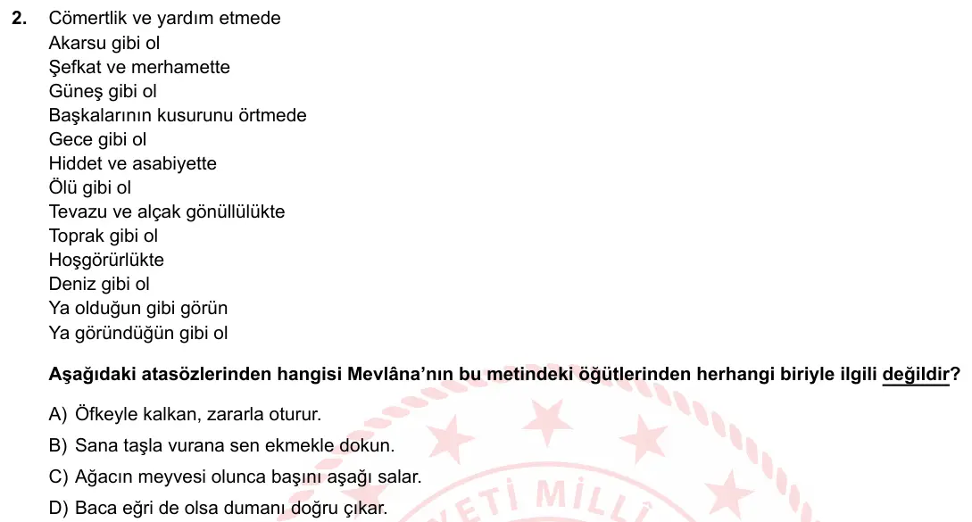 LGS Örnek Soruları Şubat 2019 Sözel Türkçe 2. Soru görseli