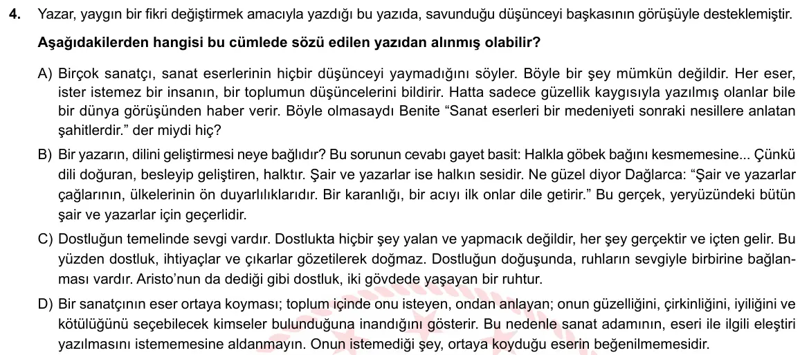LGS Örnek Soruları Şubat 2019 Sözel Türkçe 4. Soru görseli