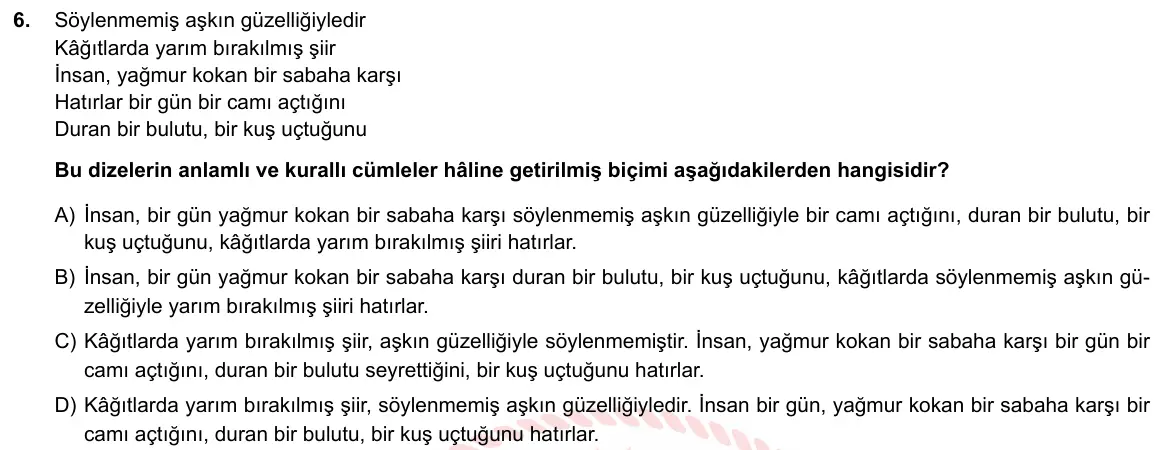 LGS Örnek Soruları Şubat 2019 Sözel Türkçe 6. Soru görseli
