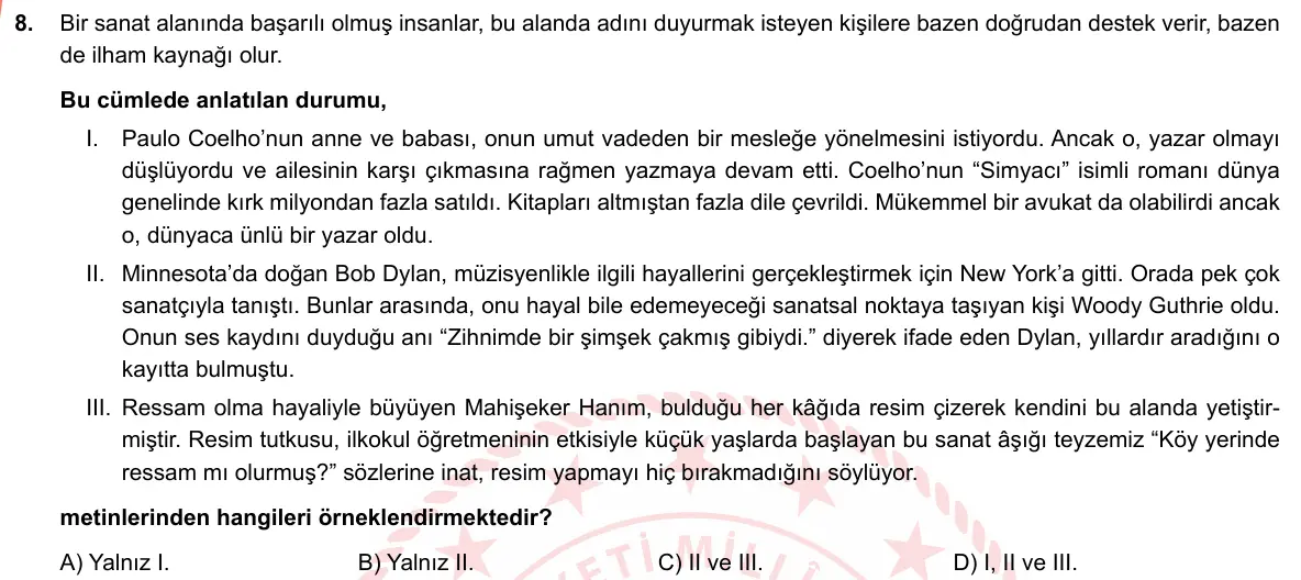 LGS Örnek Soruları Şubat 2019 Sözel Türkçe 8. Soru görseli