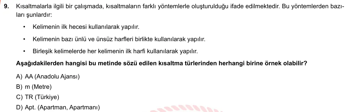 LGS Örnek Soruları Şubat 2019 Sözel Türkçe 9. Soru görseli