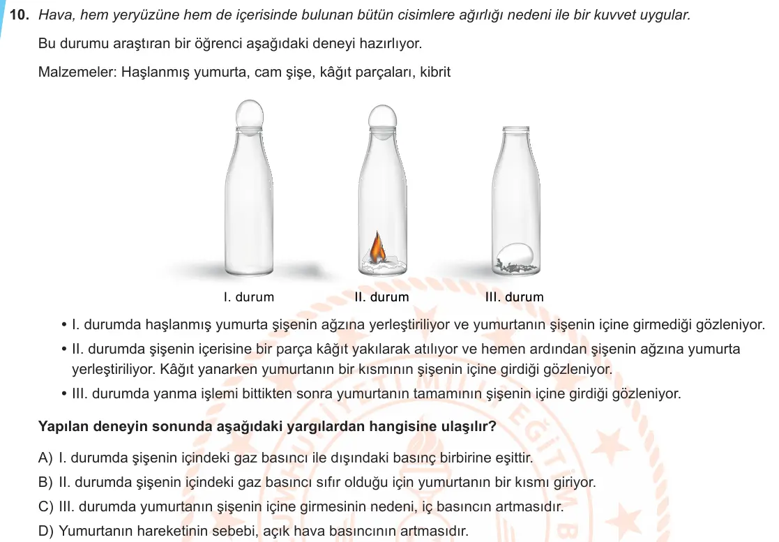 LGS Örnek Soruları Aralık 2019 Sayısal Fen Bilimleri 10. Soru görseli