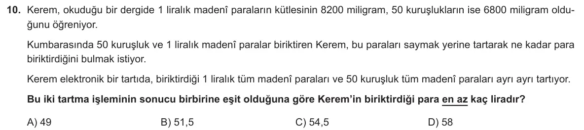 LGS Örnek Soruları Aralık 2019 Sayısal Matematik 10. Soru görseli