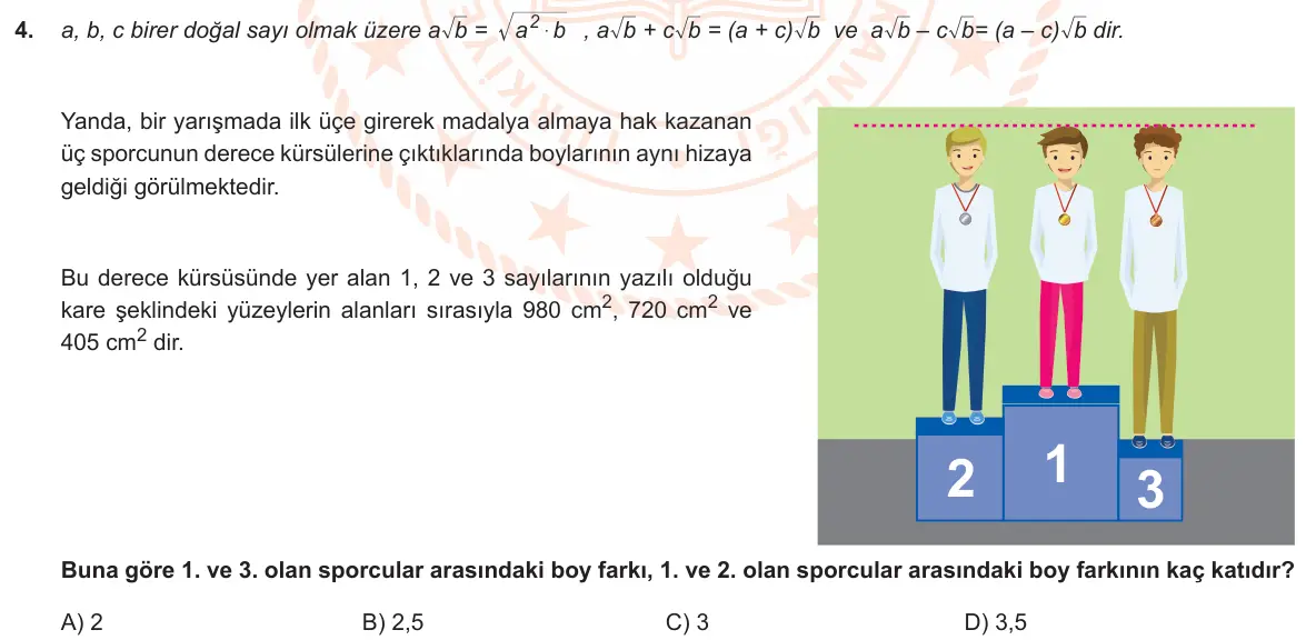 LGS Örnek Soruları Aralık 2019 Sayısal Matematik 4. Soru görseli