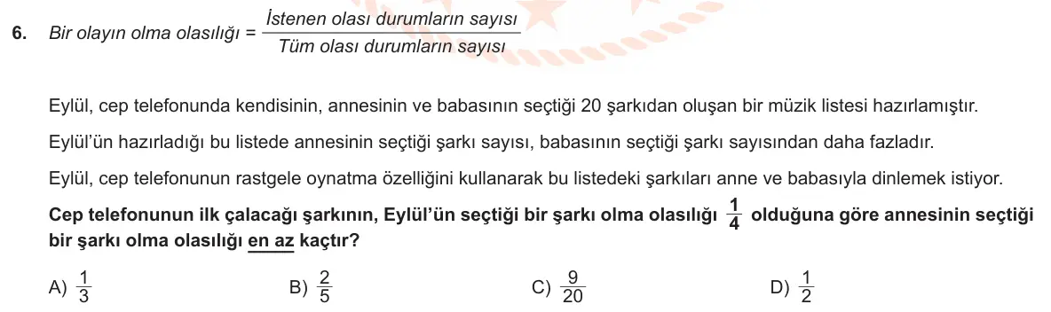 LGS Örnek Soruları Aralık 2019 Sayısal Matematik 6. Soru görseli