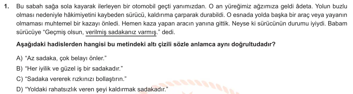LGS Örnek Soruları Aralık 2019 Sözel Din Kültürü ve Ahlak Bilgisi 1. Soru görseli