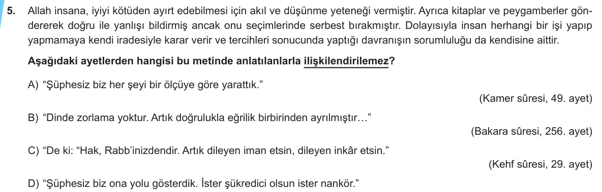 LGS Örnek Soruları Aralık 2019 Sözel Din Kültürü ve Ahlak Bilgisi 5. Soru görseli