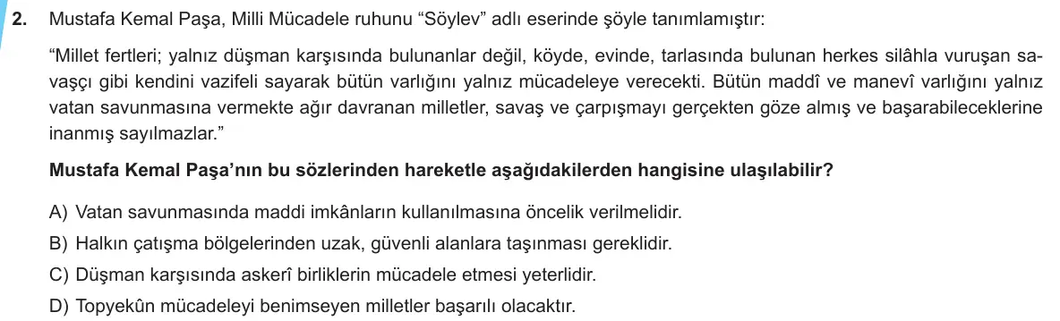 LGS Örnek Soruları Aralık 2019 Sözel T.C. İnkılap Tarihi ve Atatürkçülük 2. Soru görseli