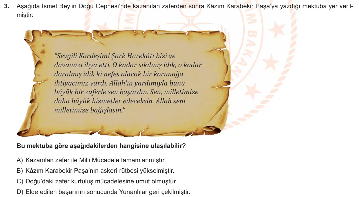 LGS Örnek Soruları Aralık 2019 Sözel T.C. İnkılap Tarihi ve Atatürkçülük 3. Soru görseli