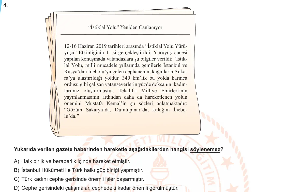 LGS Örnek Soruları Aralık 2019 Sözel T.C. İnkılap Tarihi ve Atatürkçülük 4. Soru görseli